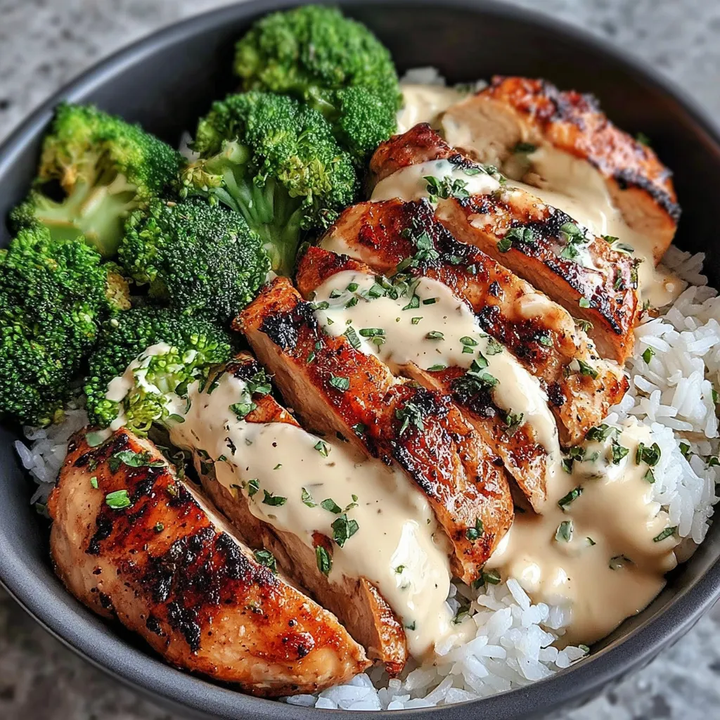 Creamy garlic chicken and broccoli bowl. Grilled chicken and fresh broccoli.