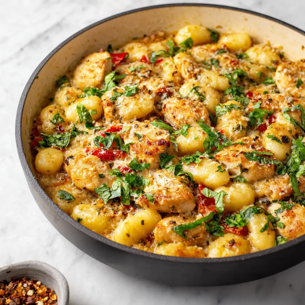 Garlic chicken gnocchi skillet, ready to eat. Gluten-free dinner.