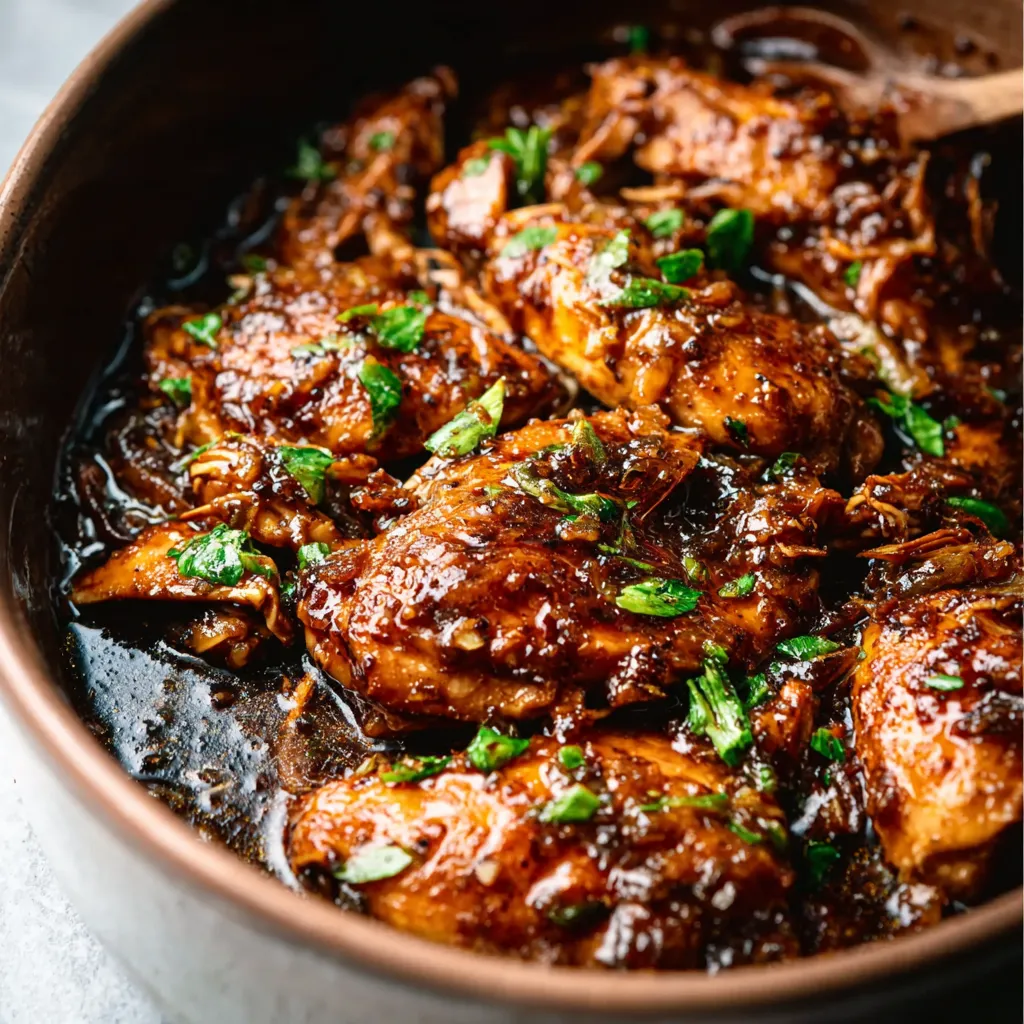 Slow cooker honey garlic chicken simmering. Easy weeknight dinner recipe.