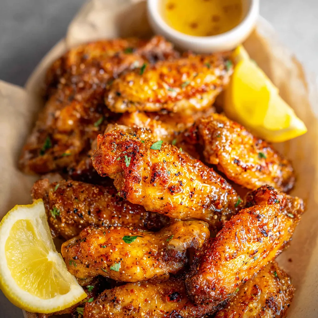 Close-up of glistening lemon pepper wings drizzled with honey.