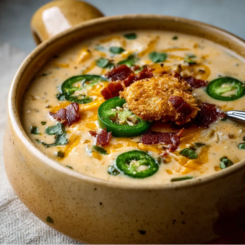 Creamy jalapeno popper soup in a white bowl. Cheesy, spicy soup.
