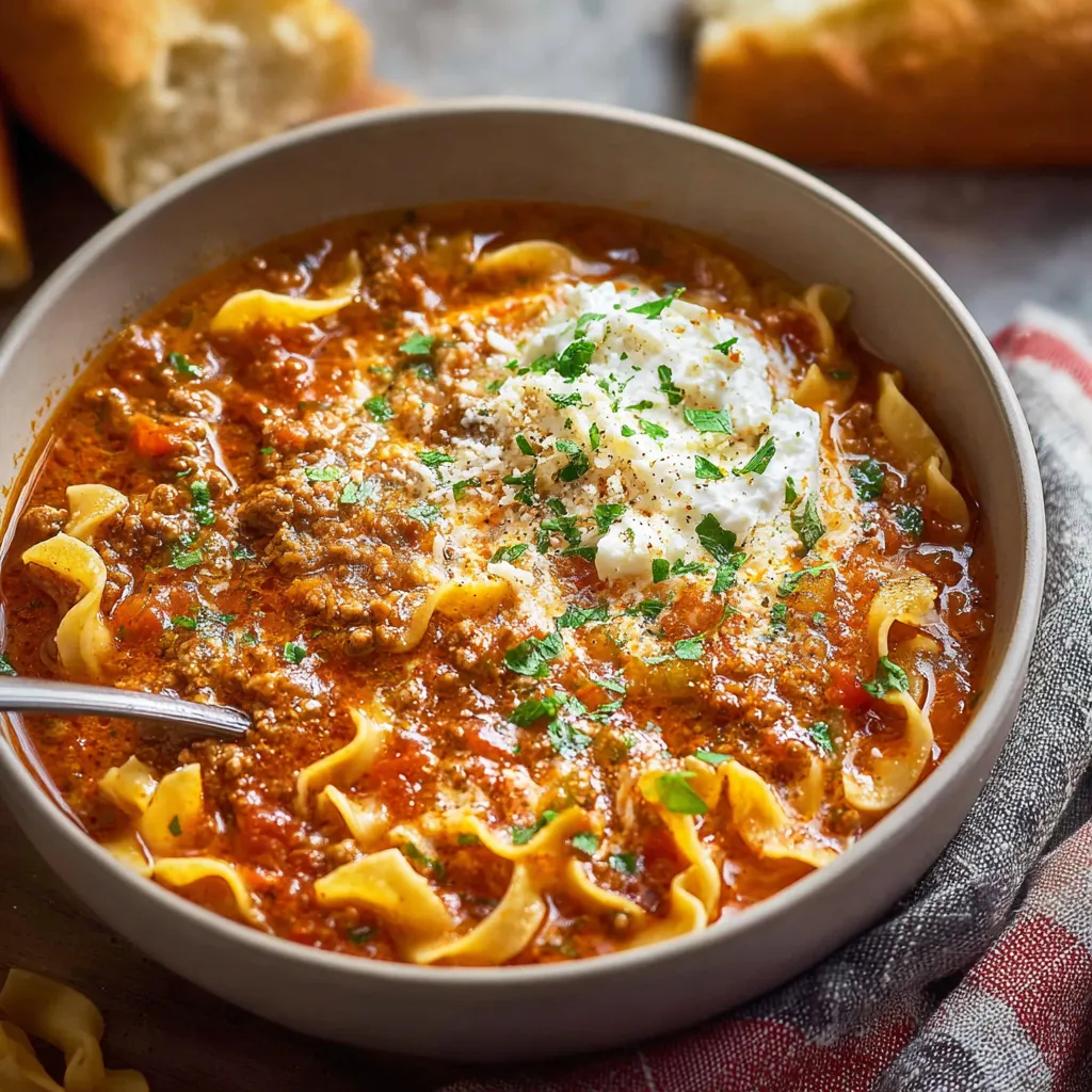 Lasagna soup in a bowl. Close-up of noodles, ricotta, and rich tomato broth.