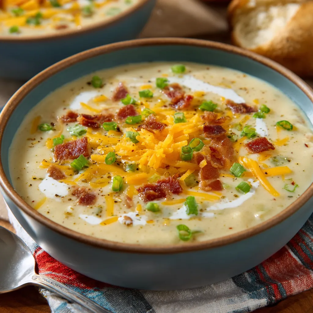 Creamy baked potato soup in a bowl, garnished with chives and bacon.