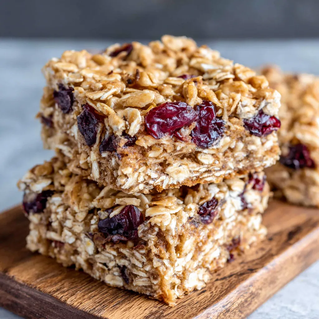 Homemade oatmeal breakfast bars with oats, nuts, and dried fruit.
