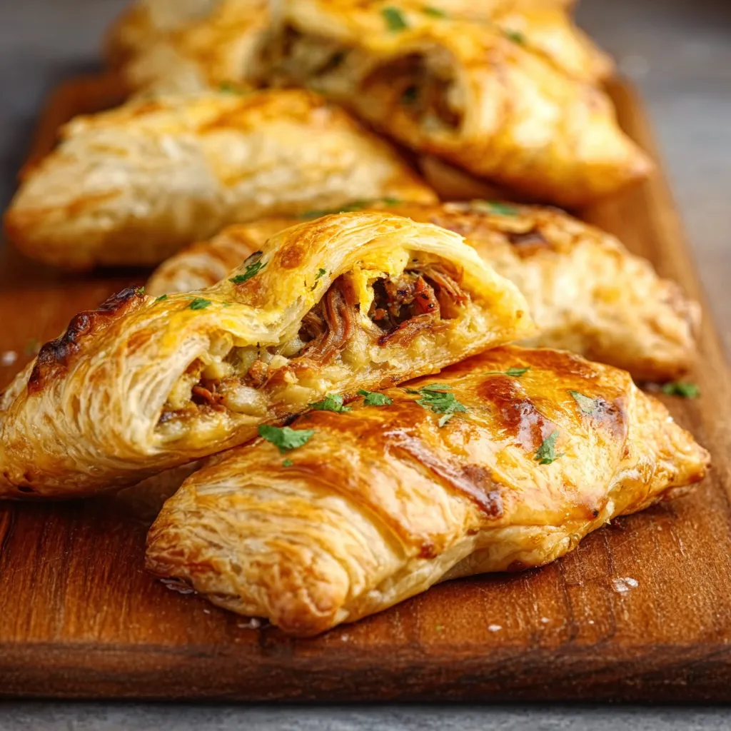Pulled pork pastry puffs, flaky appetizer.