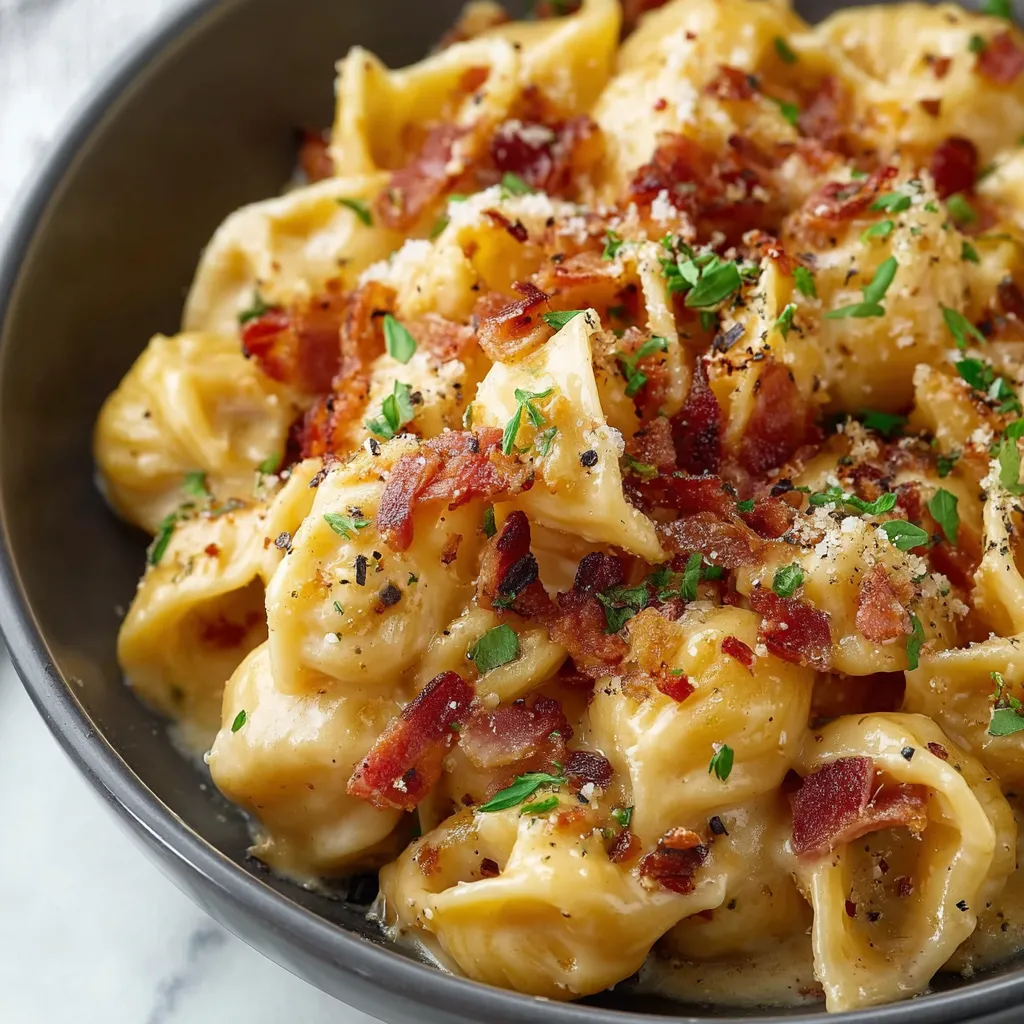 Creamy bacon mac and cheese, close-up shot. Delicious comfort food.