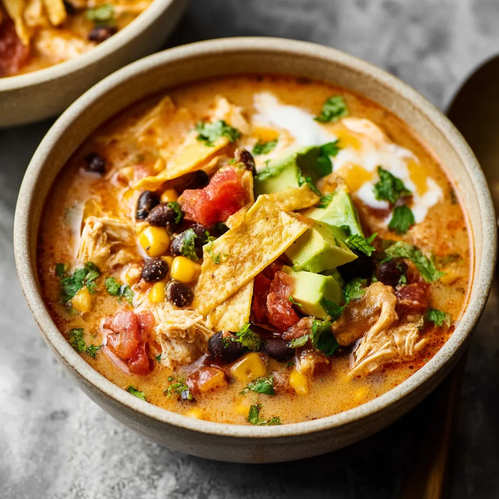 Chicken taco soup in a bowl. Easy recipe with shredded chicken and toppings.