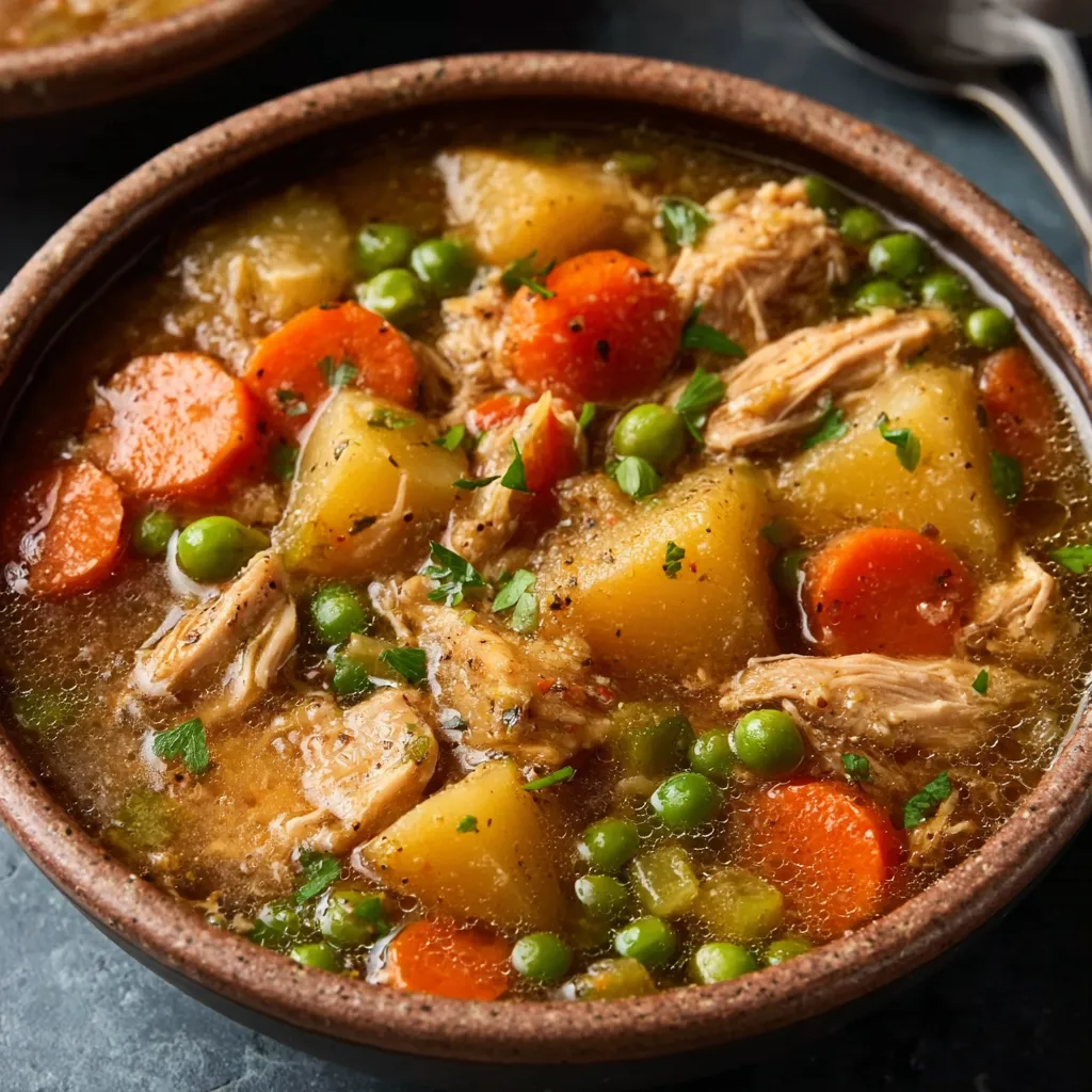 Slow cooker chicken stew. Hearty, homemade chicken stew recipe simmering.