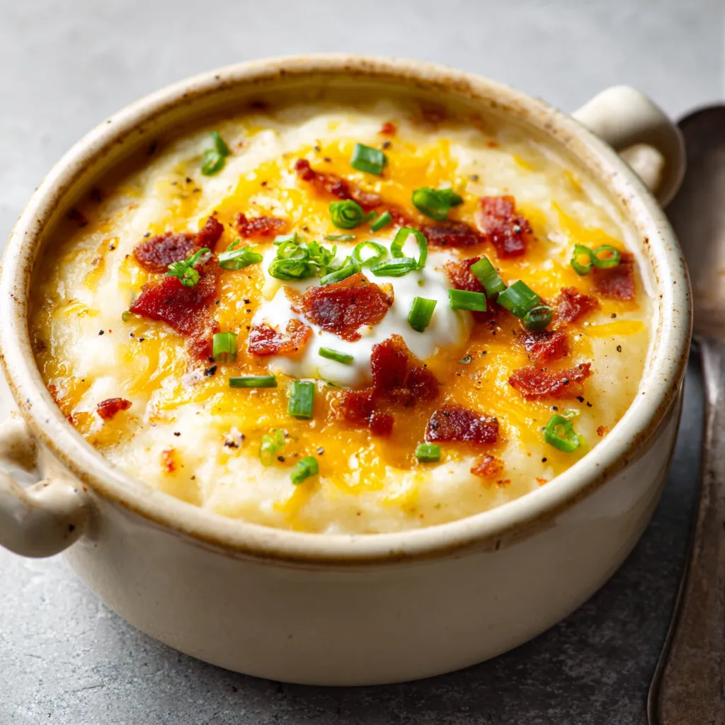 Creamy baked potato soup in a bowl, garnished with chives and bacon.