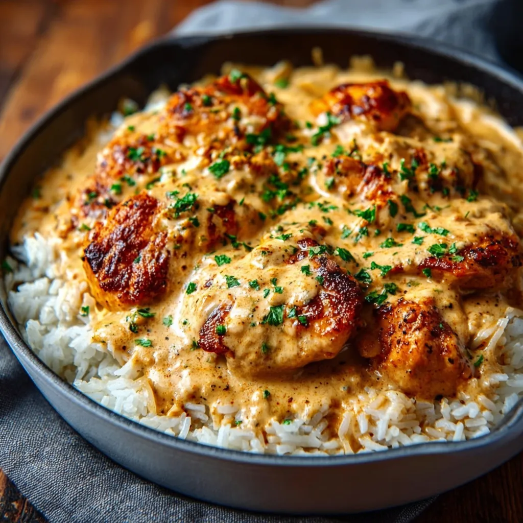 Creamy smothered chicken and rice close-up. Comfort food dinner.