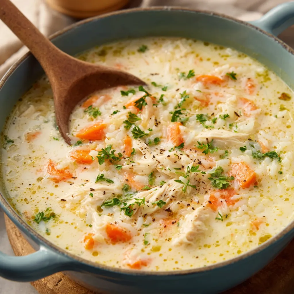 Creamy chicken and rice soup in a white bowl. Comfort food.