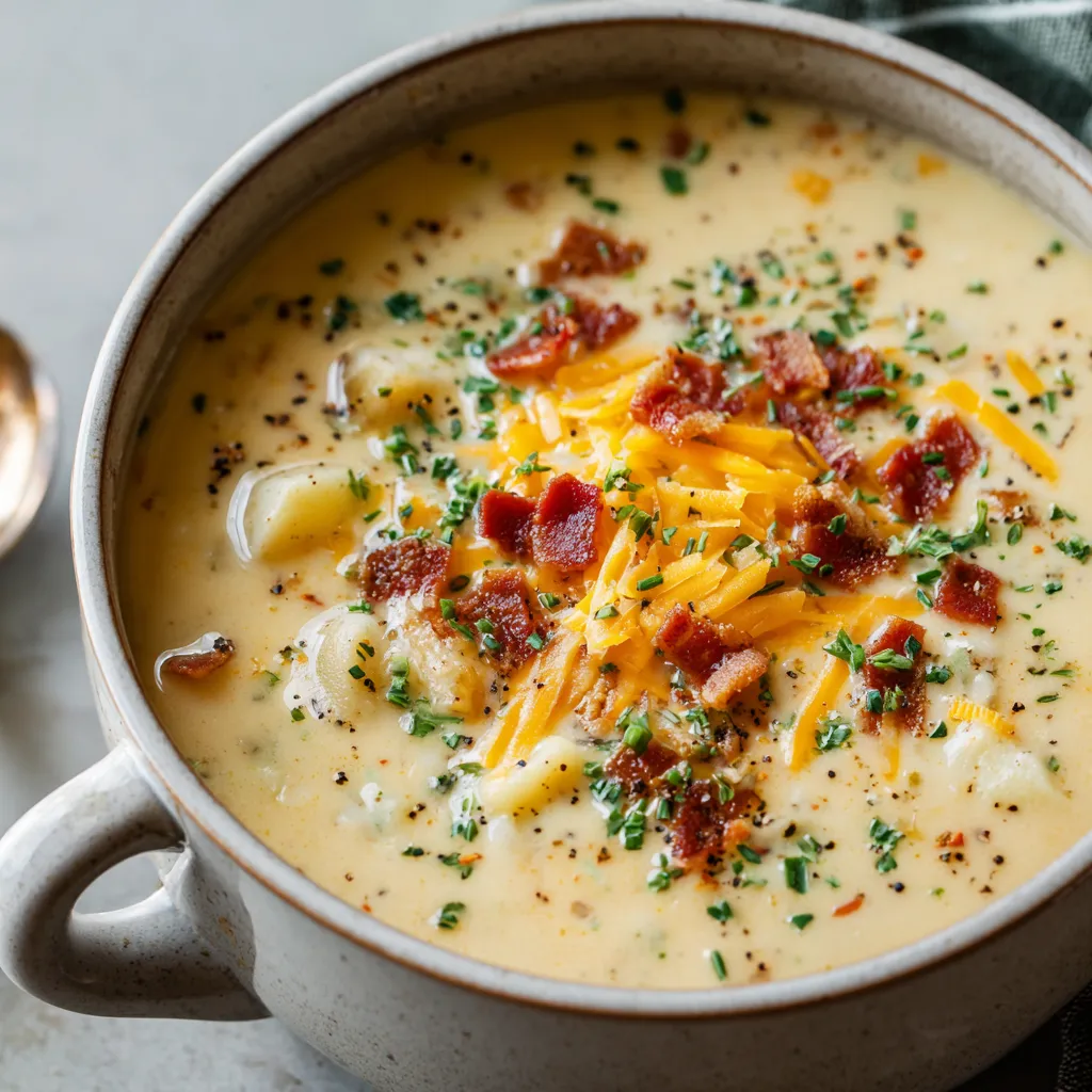 Creamy potato soup in a bowl, ready to eat.