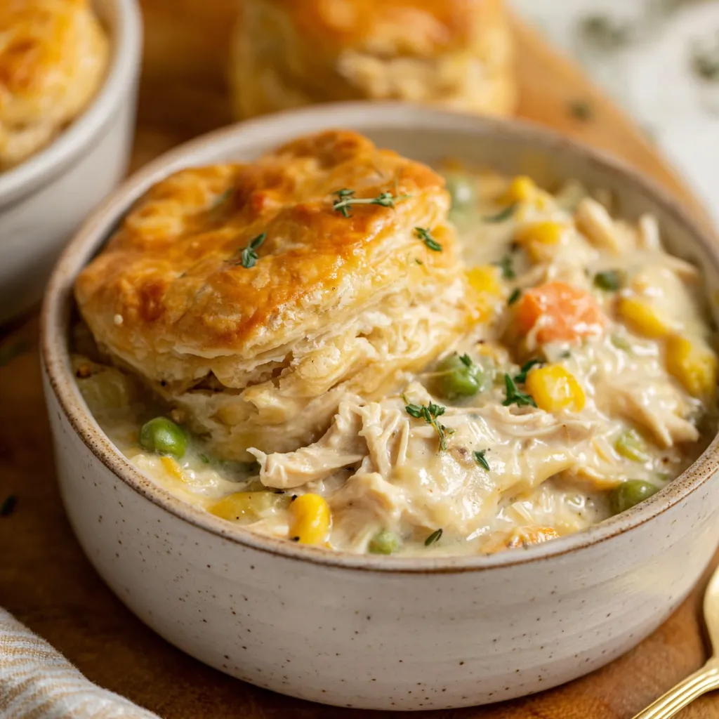 Creamy crock pot chicken pot pie filling in a slow cooker. Easy comfort food recipe!
