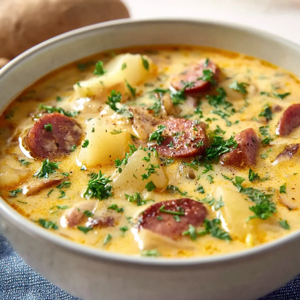Creamy kielbasa potato soup in bowl. Hearty, flavorful recipe.