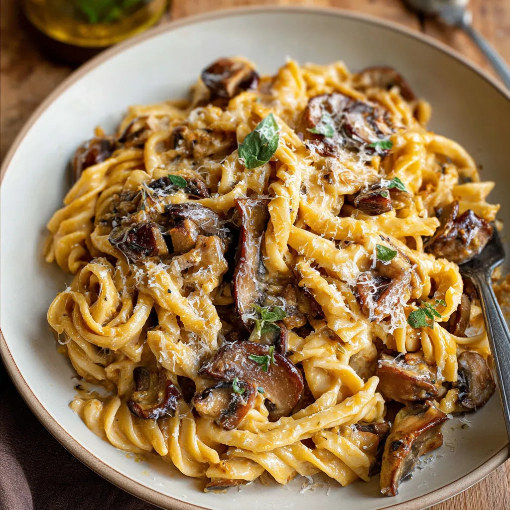 Close-up of creamy Gruyere pasta with caramelized leeks and sauteed mushrooms.
