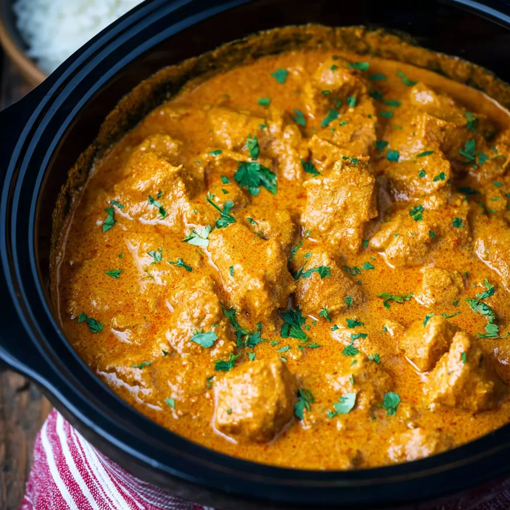 Slow cooker Indian butter chicken, ready to serve.
