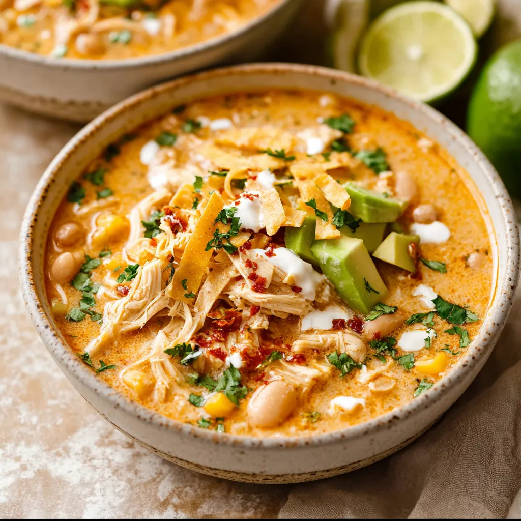 Creamy white chicken chili in a white bowl. Hearty, flavorful soup.