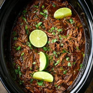 Slow Cooker Barbacoa: Shredded beef in a pot, ready to enjoy in tacos.