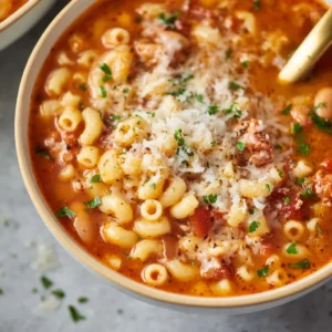 Hearty bowl of Pasta Fagioli soup. Italian pasta and beans, close-up.