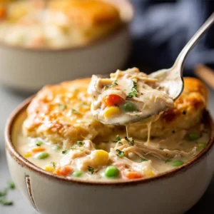 Chicken pot pie soup in a bowl with flaky crust pieces.