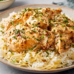 Crockpot Angel Chicken: Creamy sauce over pasta.