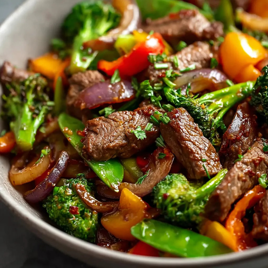 Savory beef stir fry packed with colorful vegetables is ready in just 30 minutes, making it a quick and easy weeknight dinner option.