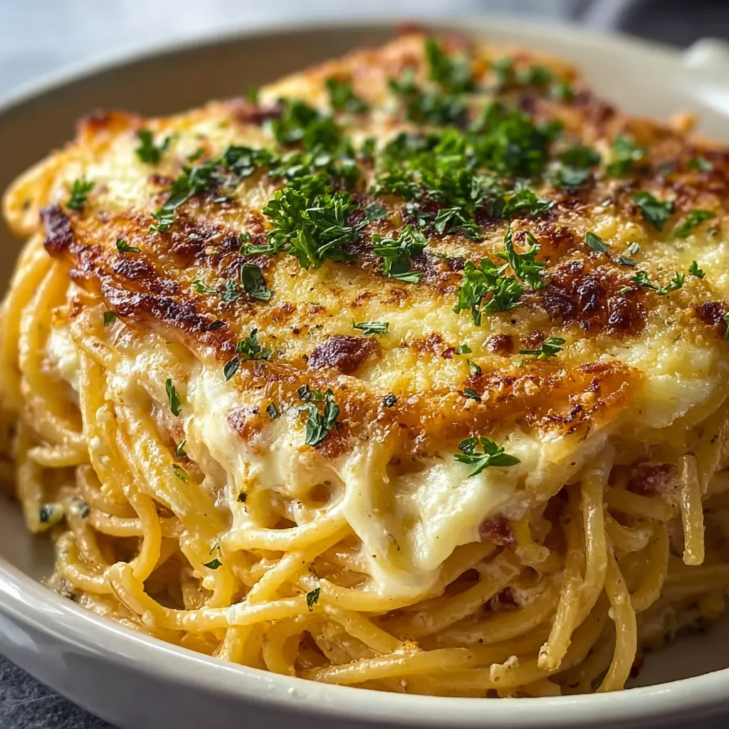 Close-up of a freshly baked Cream Cheese Spaghetti Casserole, showcasing its creamy texture and golden-brown top.