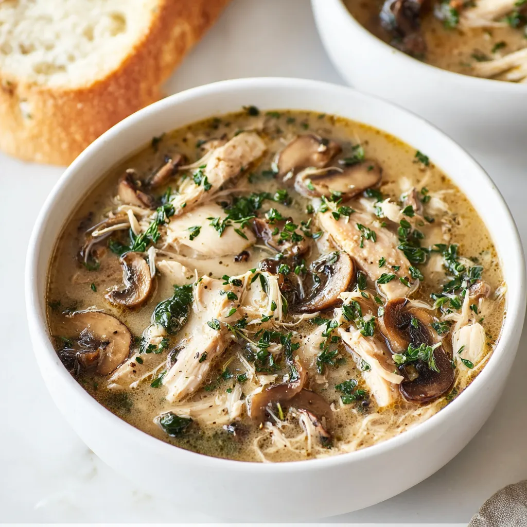 Close-up of creamy Rotisserie Chicken Mushroom Soup in a bowl.