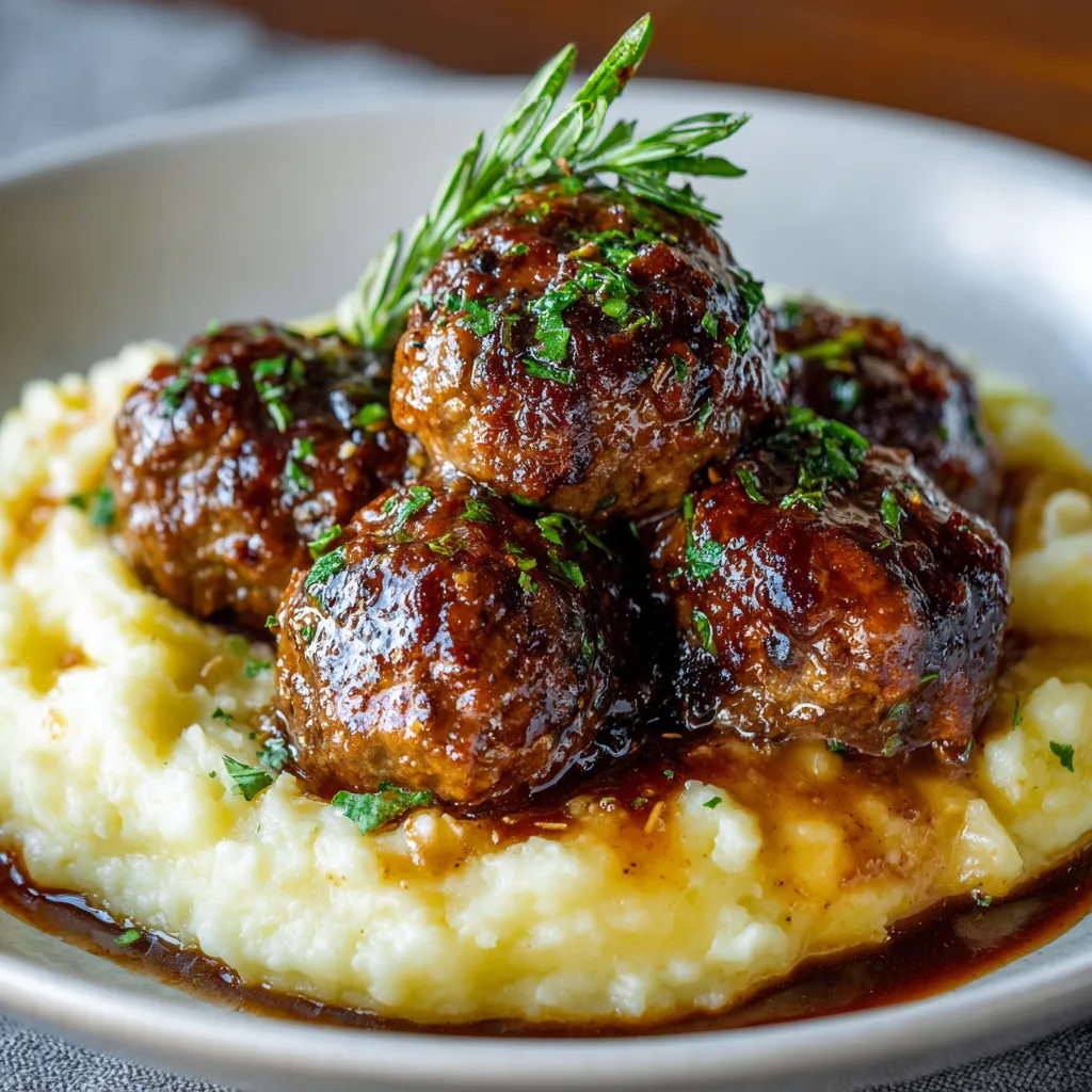 Close-up view of juicy Salisbury Steak Meatballs in savory gravy, ready to be served.