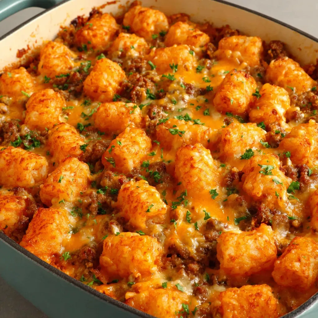 Close-up shot of a freshly baked Tater Tot Casserole with golden-brown tater tots and a creamy filling.