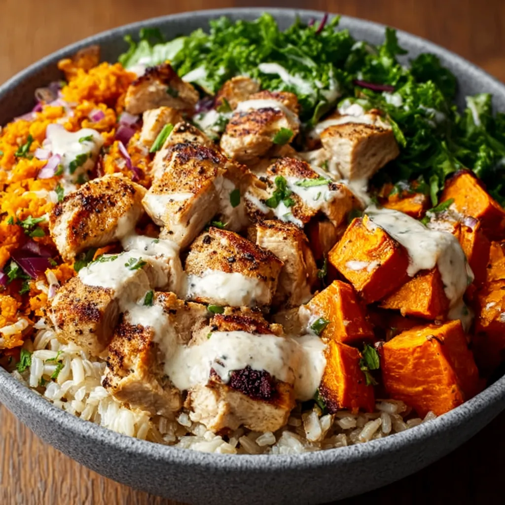 Savory chicken and sweet potato rice bowl healthy delight second content image showcases a delicious and nutritious meal option.