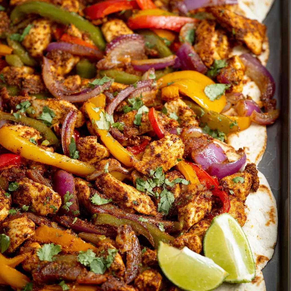 Close-up shot of colorful and delicious Sheet Pan Chicken Fajitas sizzling on a sheet pan, ready to be served.