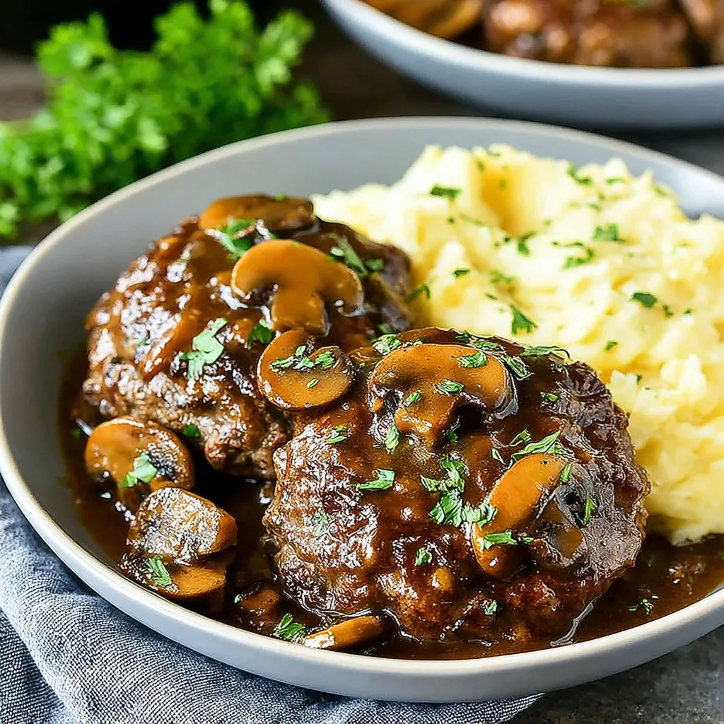 Close-up of perfectly cooked Slow Cooker Salisbury Steak simmering in a rich gravy.