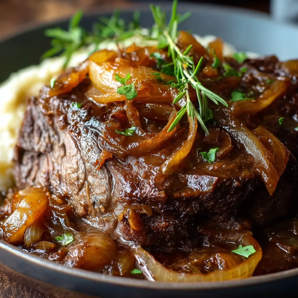 Close-up of juicy Instant Pot French Onion Pot Roast showing tender beef and caramelized onions.