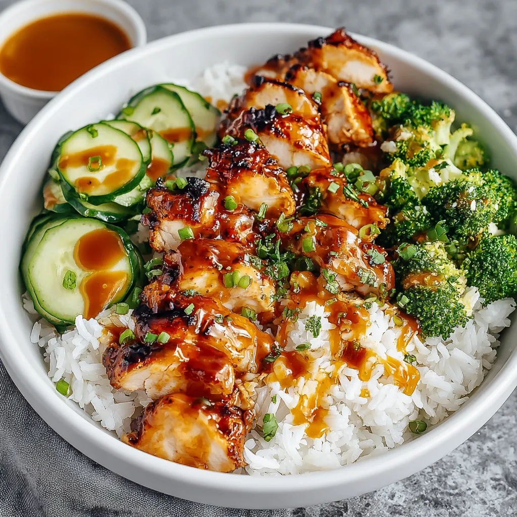Close-up of a delicious Hot Honey Chicken Bowl, showcasing the vibrant colors and textures of the chicken, rice, and toppings.