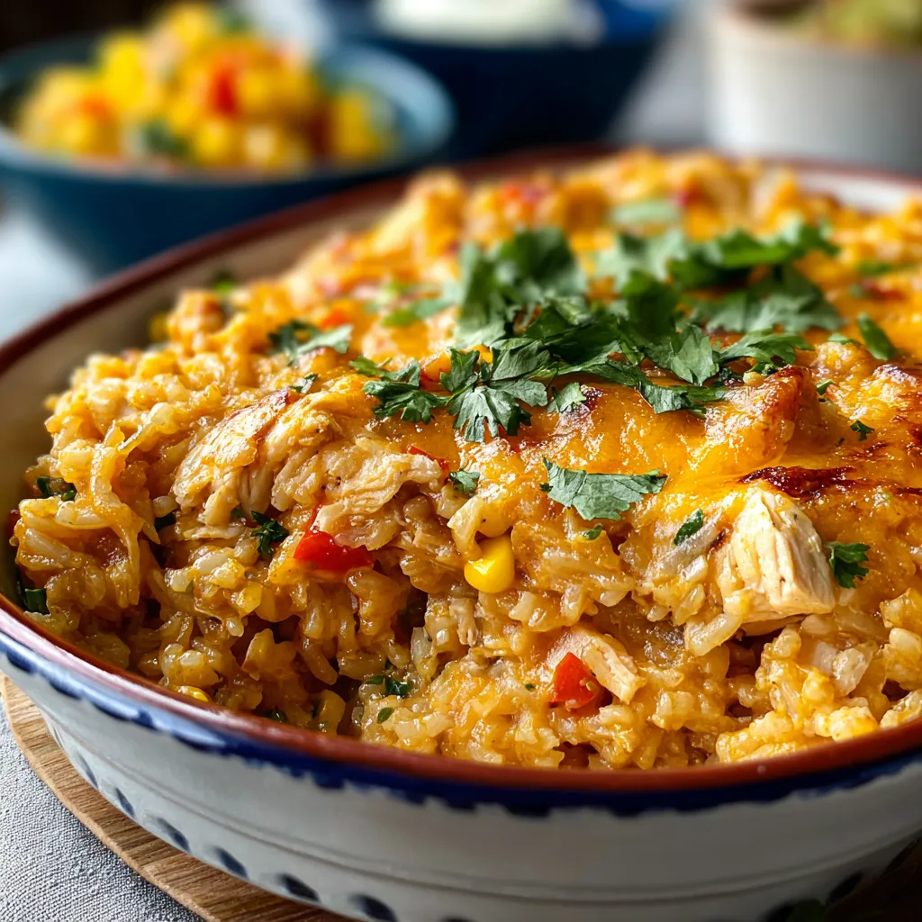 Close-up of a delicious Mexican Chicken Cheese Rice Casserole, showcasing its cheesy, flavorful layers in a content image for a recipe article.