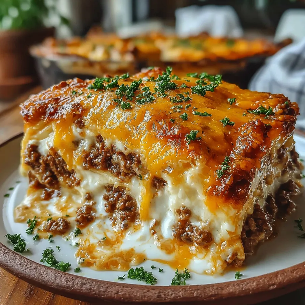 A close-up view showcases a bubbly and golden-brown Cattle Drive Casserole, fresh from the oven.