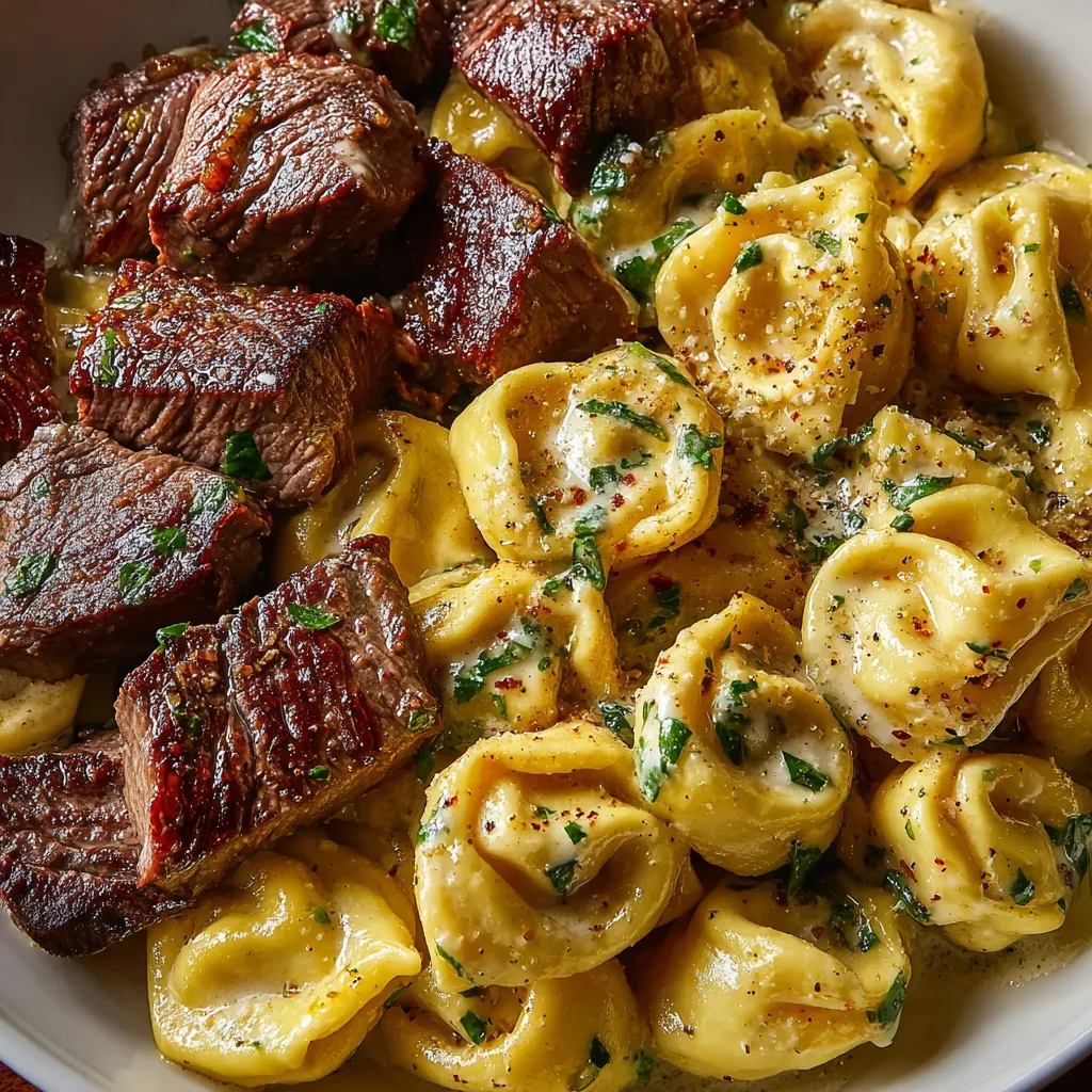 Buttery steak tortellini, a mouthwatering pasta delight, is showcased in this complementary image.