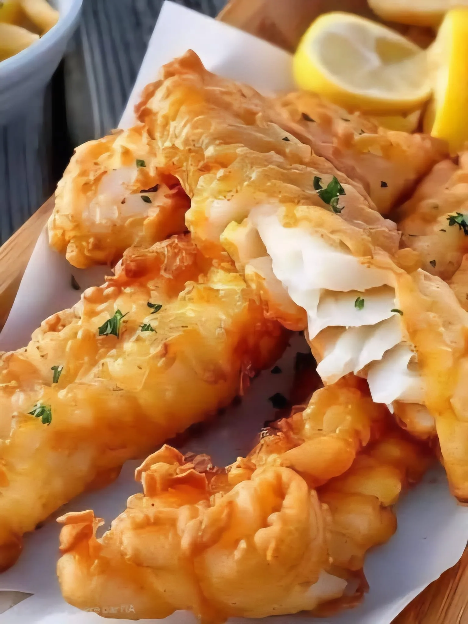 Crispy fried fish fillets with parsley and lemon wedges.