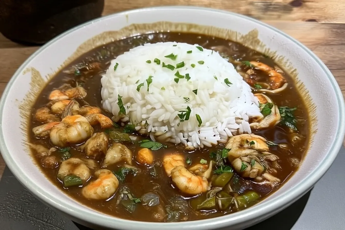 Shrimp crabmeat and okra gumbo served over rice with parsley and green onions