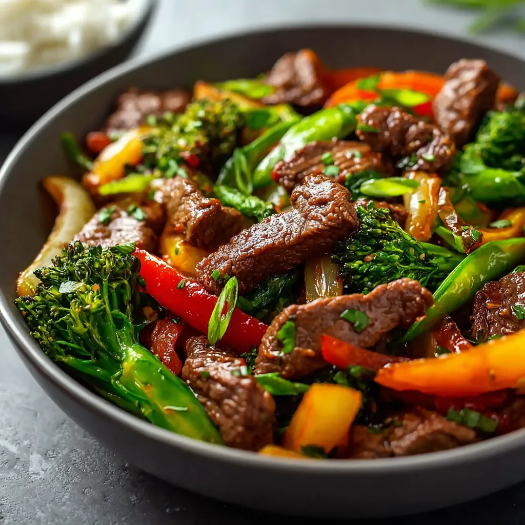 Savory beef stir fry overflowing with colorful vegetables is ready in just 30 minutes, making for a quick and healthy weeknight dinner.