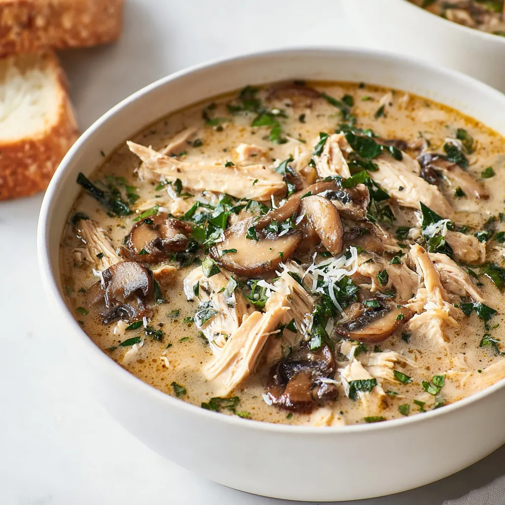 Delicious Rotisserie Chicken Mushroom Soup is featured in this enticing image.