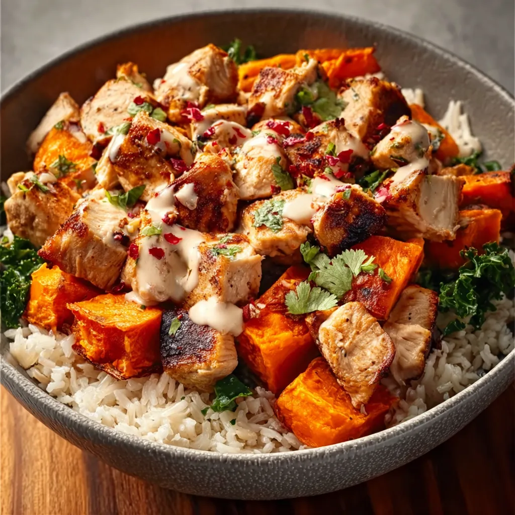 Savory chicken and sweet potato rice bowl, a healthy and delicious meal perfect for a quick and satisfying dinner.