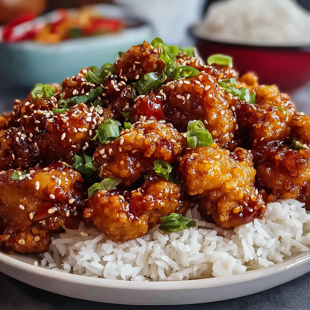 Irresistibly crispy Chinese honey garlic chicken glistening with a sweet and savory sauce is ready to be served.