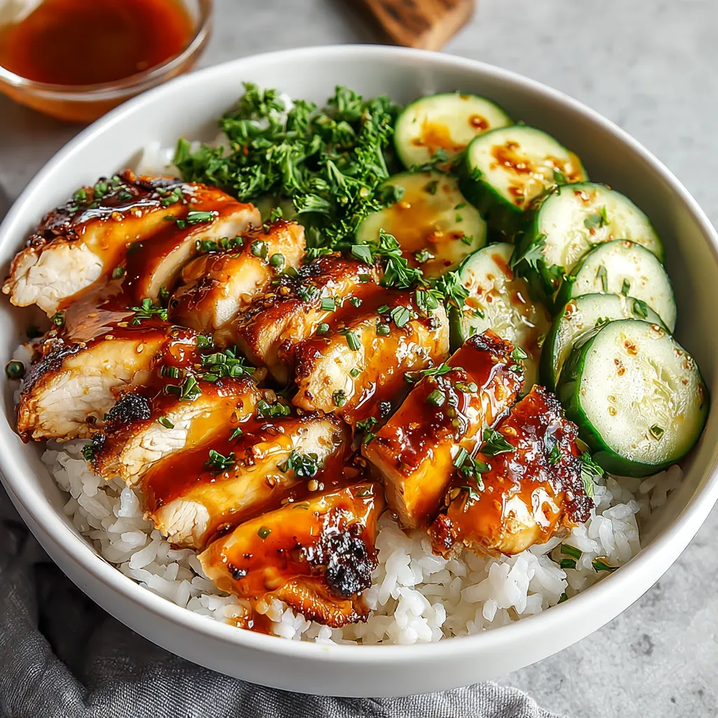 A vibrant Hot Honey Chicken Bowl showcases crispy chicken, rice, and colorful vegetables drizzled with a spicy honey sauce.