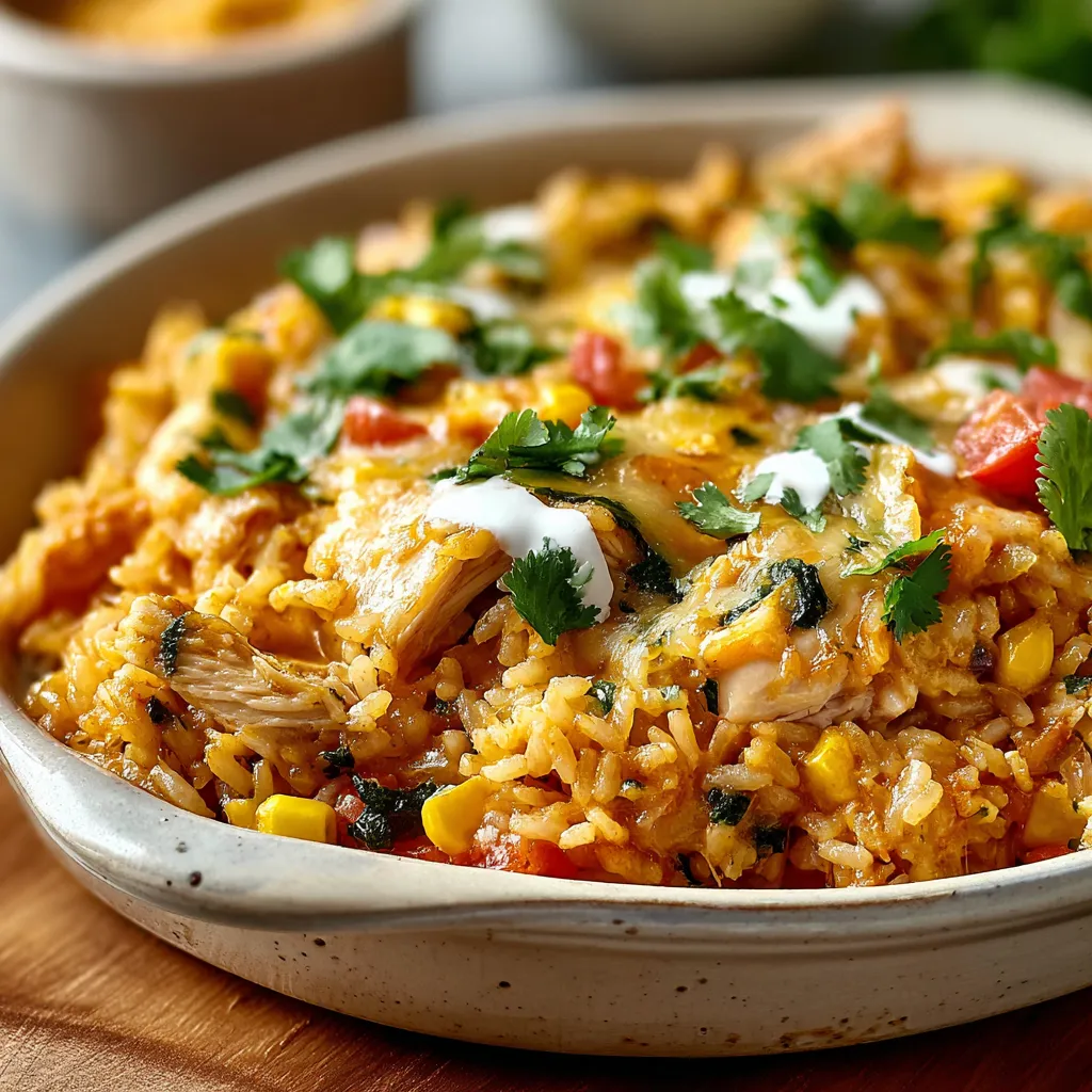 Overhead view of a delicious, bubbly Mexican Chicken Cheese Rice Casserole, ready to be served.