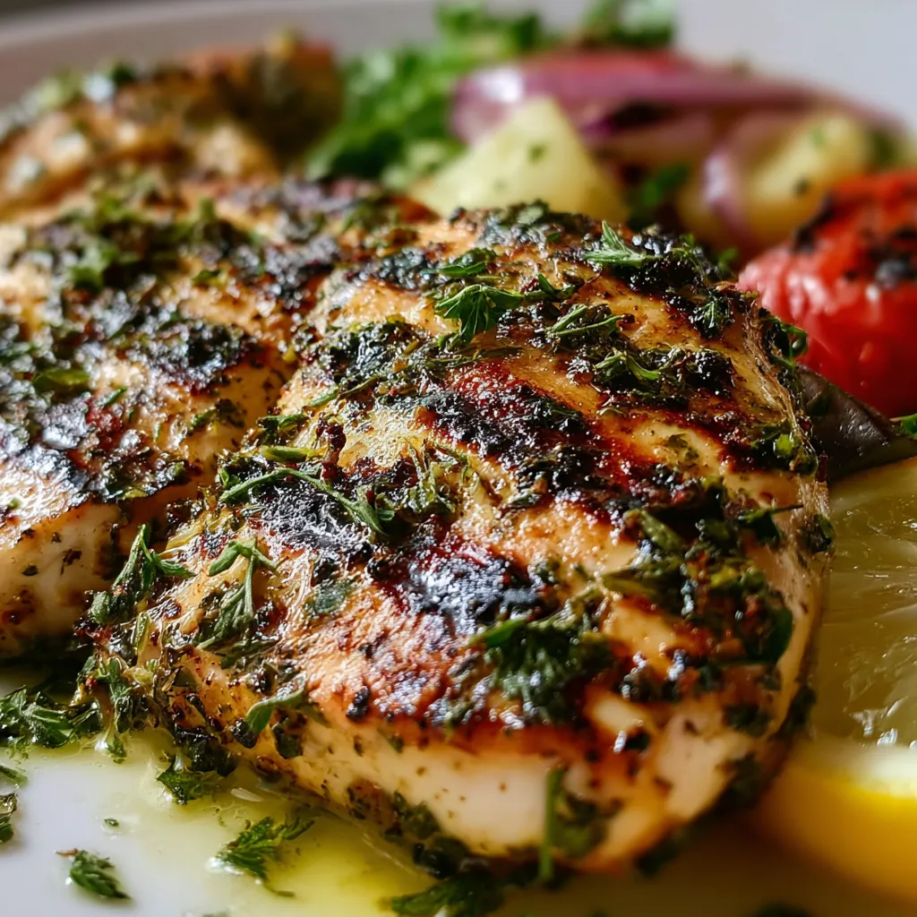 Sizzling Mediterranean Herb Chicken - Grilled Perfection, a close-up showcasing the perfectly grilled and herb-infused chicken from the featured article.