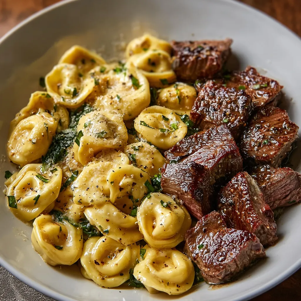 Buttery steak tortellini features a delicious pasta dish with succulent steak, creamy sauce, and perfectly cooked tortellini, making it a mouthwatering and delightful meal.
