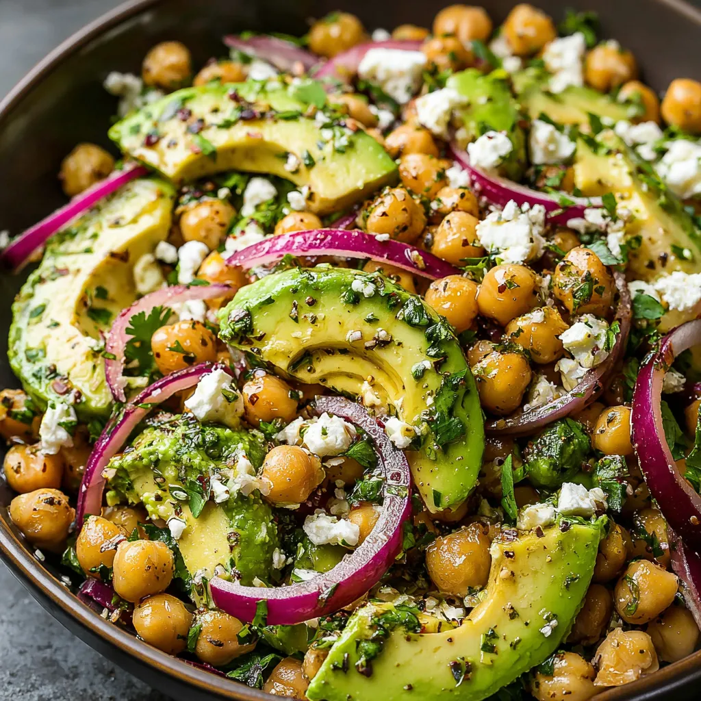 Close-up of a fresh Chickpea Feta Avocado Salad, showcasing the vibrant colors and textures of the ingredients.
