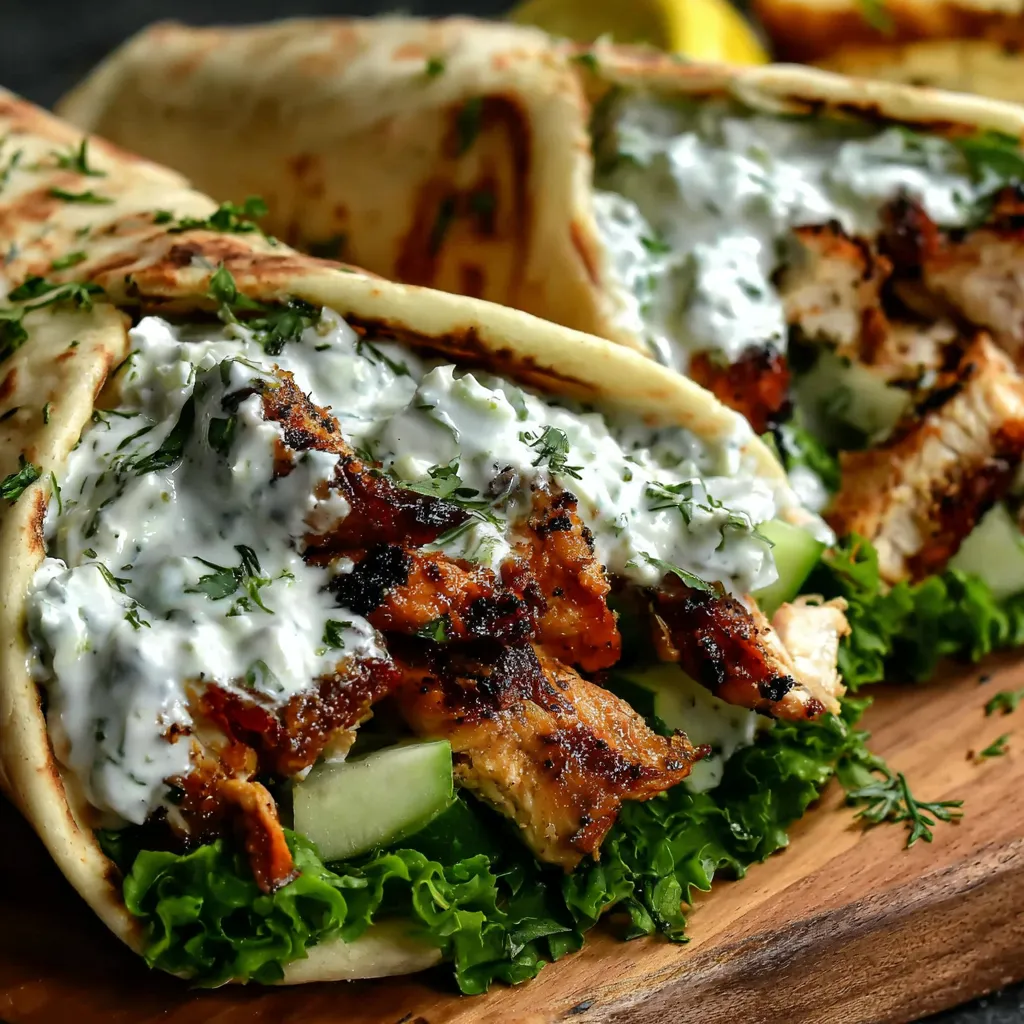 Close-up of freshly assembled Mediterranean Chicken Gyros ready to be served.